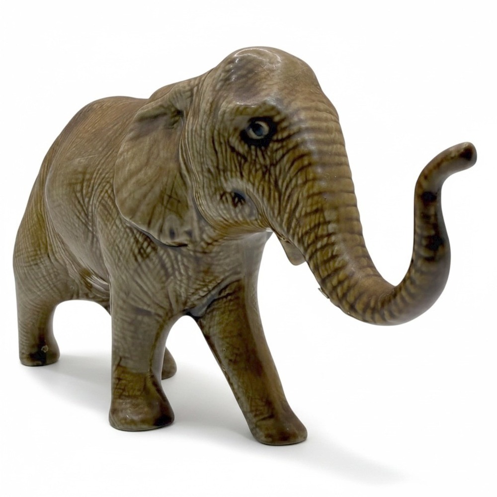 Vintage Ceramic Gold Glazed Elephant Figurine Trunk Up Good Luck Animal Statue